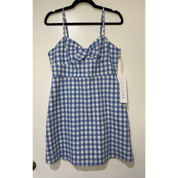 Lumiere Anthropologie Gingham Print Tie Front Dress Blue & White Size Large NWT - Picture 2 of 15